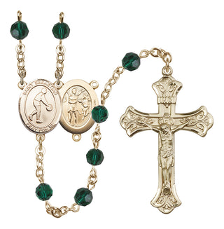 14 Karat Gold 6mm Austrian Crystal Saint Sebastian/Basketball Rosary in Emerald