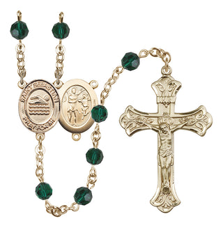 14 Karat Gold 6mm Austrian Crystal Saint Sebastian/Swimming Rosary in Emerald