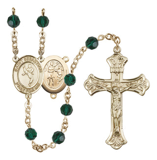 14 Karat Gold 6mm Austrian Crystal Saint Sebastian/Martial Arts Rosary in Emerald
