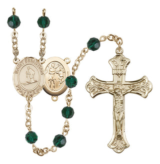 14 Karat Gold 6mm Austrian Crystal Saint Sebastian/Skiing Rosary in Emerald