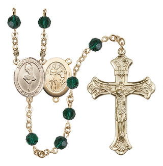 14 Karat Gold 6mm Austrian Crystal Saint Sebastian/Dance Rosary in Emerald