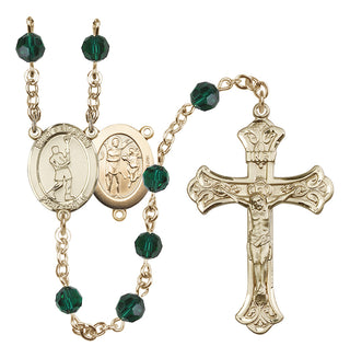 14 Karat Gold 6mm Austrian Crystal Saint Sebastian/Lacrosse Rosary in Emerald