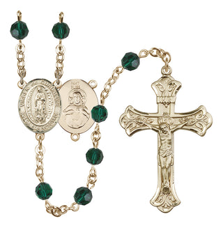 14 Karat Gold 6mm Austrian Crystal Virgen de Guadalupe Rosary in Emerald