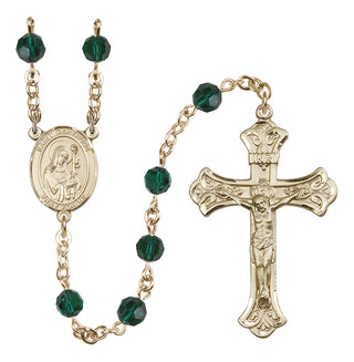 14 Karat Gold 6mm Austrian Crystal Saint Gertrude of Nivelles Rosary in Emerald