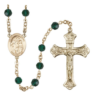 14 Karat Gold 6mm Austrian Crystal Guardian Angel w/Children Rosary in Emerald