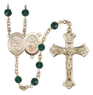 14 Karat Gold 6mm Austrian Crystal Saint Sebastian/Basketball Rosary in Emerald