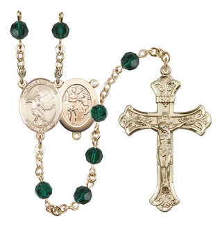 14 Karat Gold 6mm Austrian Crystal Saint Sebastian / Soccer Rosary in Emerald