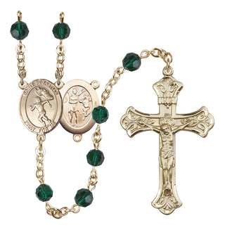 14 Karat Gold 6mm Austrian Crystal Saint Sebastian /Track&Field-Women Rosary in Emerald