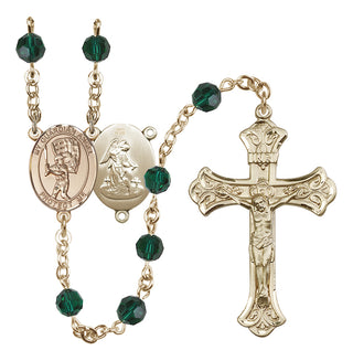 14 Karat Gold 6mm Austrian Crystal Guardian Angel/Baseball Rosary in Emerald