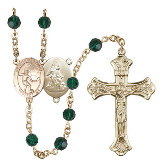 14 Karat Gold 6mm Austrian Crystal Guardian Angel/Soccer Rosary in Emerald