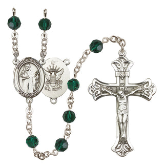 Sterling Silver 6mm Austrian Crystal Saint Brendan the Navigator/Navy Rosary in Emerald