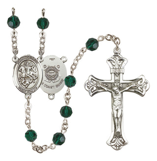 Sterling Silver 6mm Austrian Crystal Saint George / Coast Guard Rosary in Emerald
