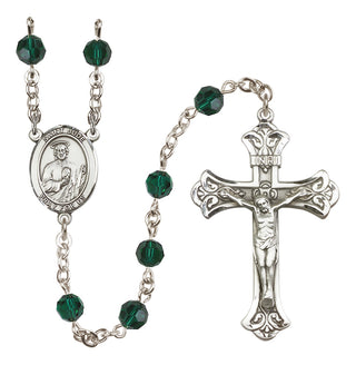 Sterling Silver 6mm Austrian Crystal Saint Jude Thaddeus Rosary in Emerald