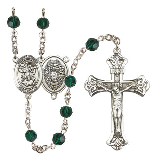 Sterling Silver 6mm Austrian Crystal Saint Michael the Archangel/Policeman Rosary in Emerald