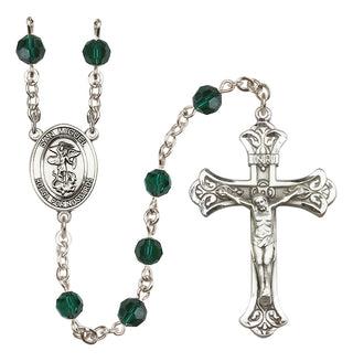 Sterling Silver 6mm Austrian Crystal San Miguel Arcangel Rosary in Emerald