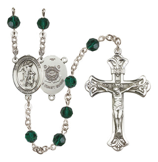 Sterling Silver 6mm Austrian Crystal Guardian Angel/Coast Guard Rosary in Emerald