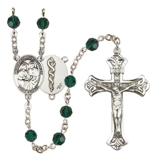 Sterling Silver 6mm Austrian Crystal Saints Cosmas & Damian / Doctors Rosary in Emerald