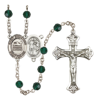 Sterling Silver 6mm Austrian Crystal Saint Sebastian/Swimming Rosary in Emerald