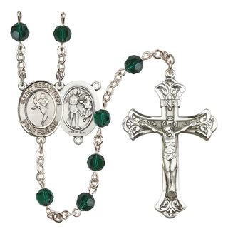 Sterling Silver 6mm Austrian Crystal Saint Sebastian/Martial Arts Rosary in Emerald