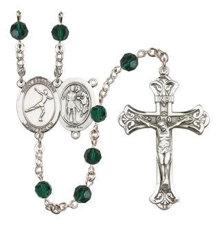 Sterling Silver 6mm Austrian Crystal Saint Sebastian/Figure Skating Rosary in Emerald