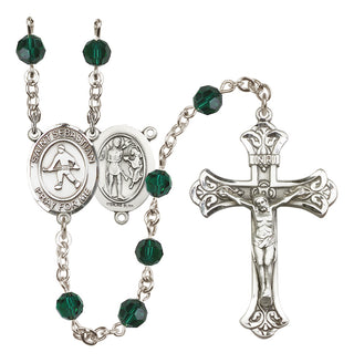 Sterling Silver 6mm Austrian Crystal Saint Sebastian/Field Hockey Rosary in Emerald