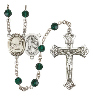 Sterling Silver 6mm Austrian Crystal Saint Sebastian / Fishing Rosary in Emerald