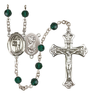 Sterling Silver 6mm Austrian Crystal Saint Christopher/Archery Rosary in Emerald