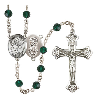 Sterling Silver 6mm Austrian Crystal Saint Christopher/Basketball Rosary in Emerald