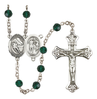 Sterling Silver 6mm Austrian Crystal Saint Sebastian / Hockey Rosary in Emerald