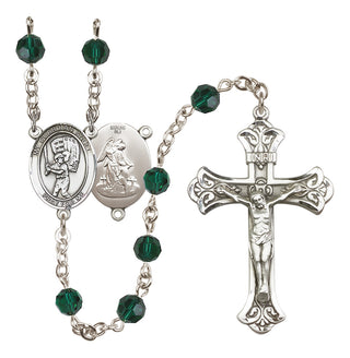 Sterling Silver 6mm Austrian Crystal Guardian Angel/Baseball Rosary in Emerald