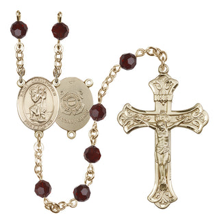14 Karat Gold-Filled 6mm Austrian Crystal Saint Christopher / Coast Guard Rosary in Garnet
