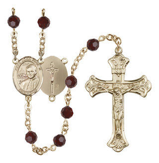 14 Karat Gold-Filled 6mm Austrian Crystal Saint John Paul II Rosary in Garnet