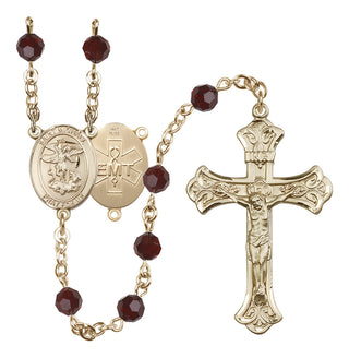 14 Karat Gold 6mm Austrian Crystal Saint Michael / EMT Rosary in Garnet
