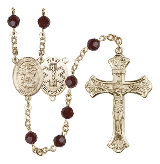 14 Karat Gold 6mm Austrian Crystal Saint Michael/1St Responder Rosary in Garnet