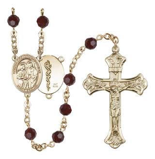 14 Karat Gold 6mm Austrian Crystal Saints Cosmas & Damian / Doctors Rosary in Garnet