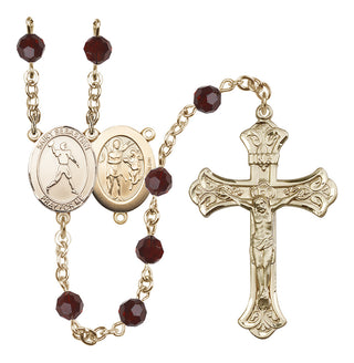 14 Karat Gold 6mm Austrian Crystal Saint Sebastian/Football Rosary in Garnet