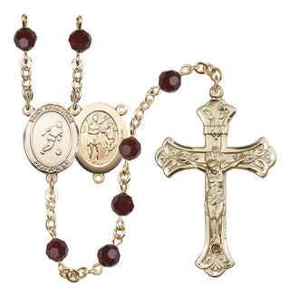 14 Karat Gold 6mm Austrian Crystal Saint Sebastian/Soccer Rosary in Garnet