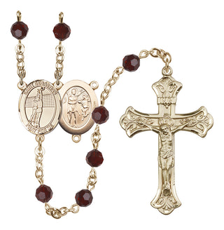 14 Karat Gold 6mm Austrian Crystal Saint Sebastian / Volleyball Rosary in Garnet