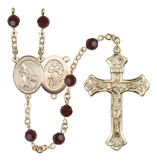 14 Karat Gold 6mm Austrian Crystal Saint Sebastian / Football Rosary in Garnet