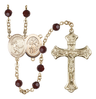14 Karat Gold 6mm Austrian Crystal Saint Sebastian / Soccer Rosary in Garnet