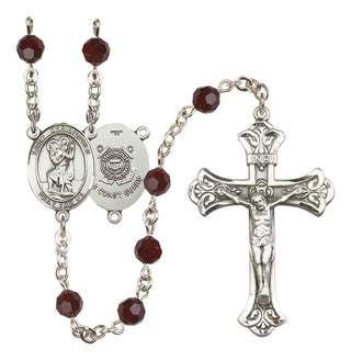 Sterling Silver 6mm Austrian Crystal Saint Christopher / Coast Guard Rosary in Garnet