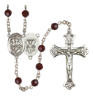 Sterling Silver 6mm Austrian Crystal Saint George / Navy Rosary in Garnet
