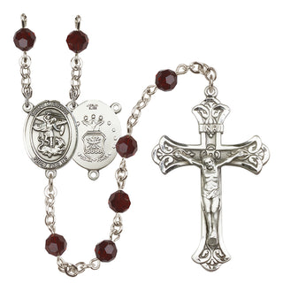Sterling Silver 6mm Austrian Crystal Saint Michael / Air Force Rosary in Garnet