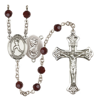 Sterling Silver 6mm Austrian Crystal Saint Christopher/Softball Rosary in Garnet