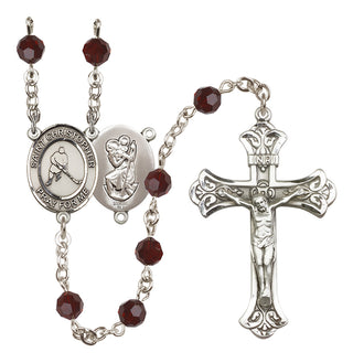 Sterling Silver 6mm Austrian Crystal Saint Christopher/Ice Hockey Rosary in Garnet