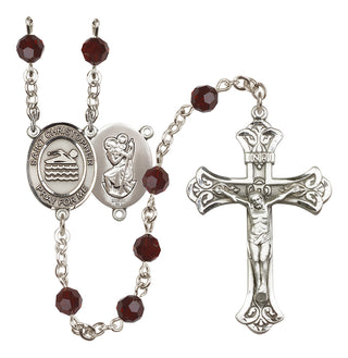 Sterling Silver 6mm Austrian Crystal Saint Christopher/Swimming Rosary in Garnet