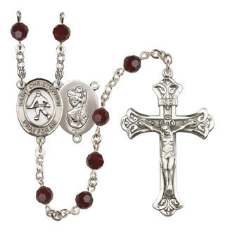 Sterling Silver 6mm Austrian Crystal Saint Christopher / Field Hockey Rosary in Garnet