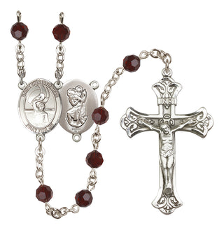 Sterling Silver 6mm Austrian Crystal Saint Christopher/Water Polo Men Rosary in Garnet