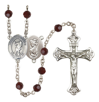 Sterling Silver 6mm Austrian Crystal Saint Christopher/Lacrosse Rosary in Garnet