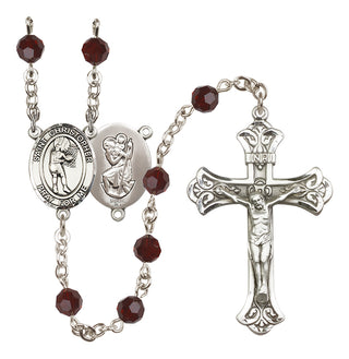 Sterling Silver 6mm Austrian Crystal Saint Christopher/Basketball-Women Rosary in Garnet